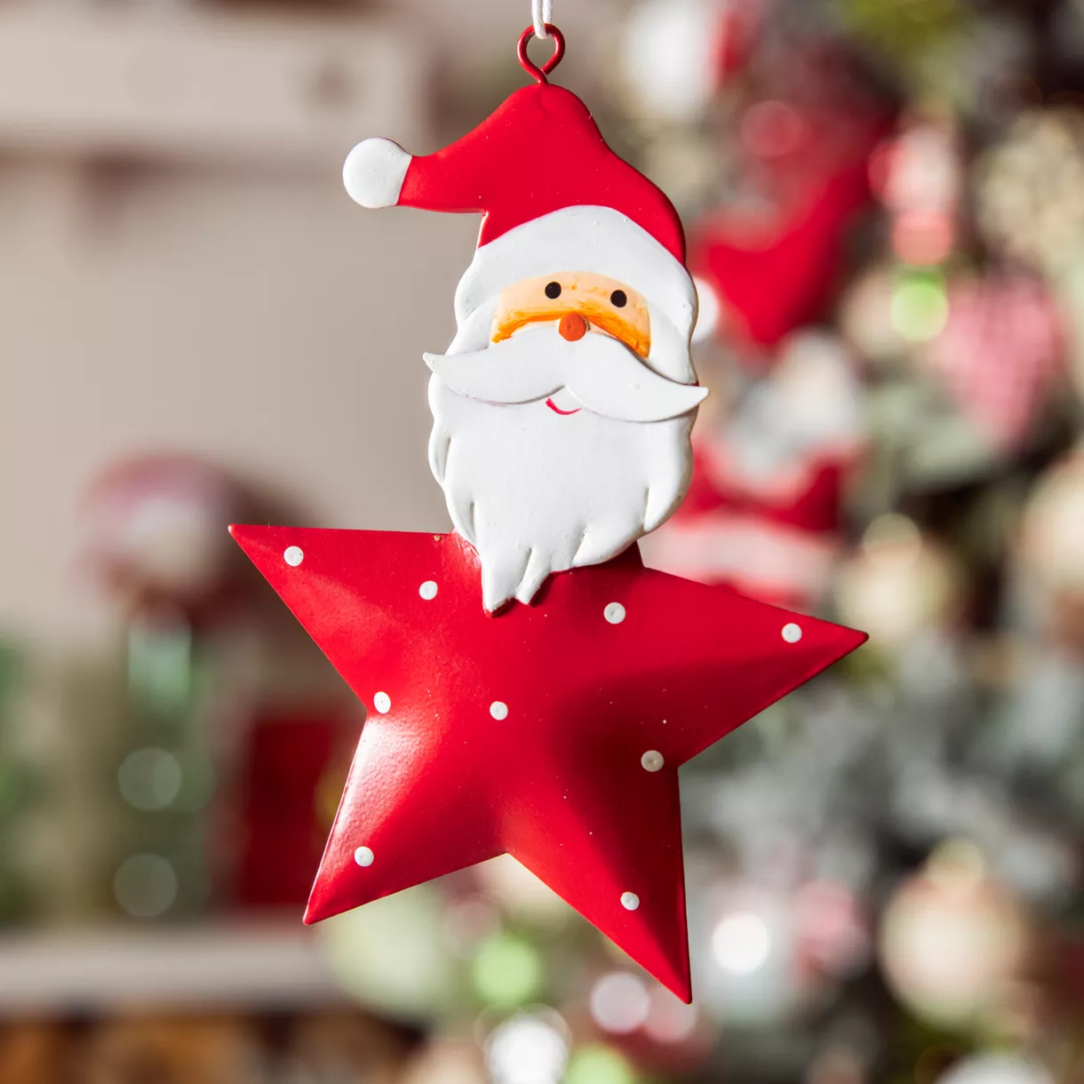 Papá Noel para colgar en metal (H12 cm) Estrella y puntos Rojo