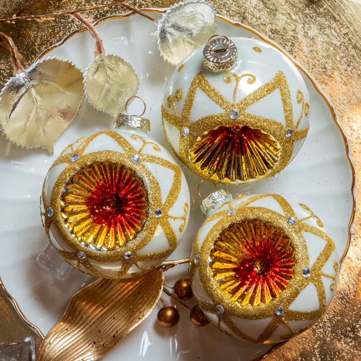 Lote de 3 bolas de Navidad de vidrio (D80 mm) Imperial Blanco lana y oro
