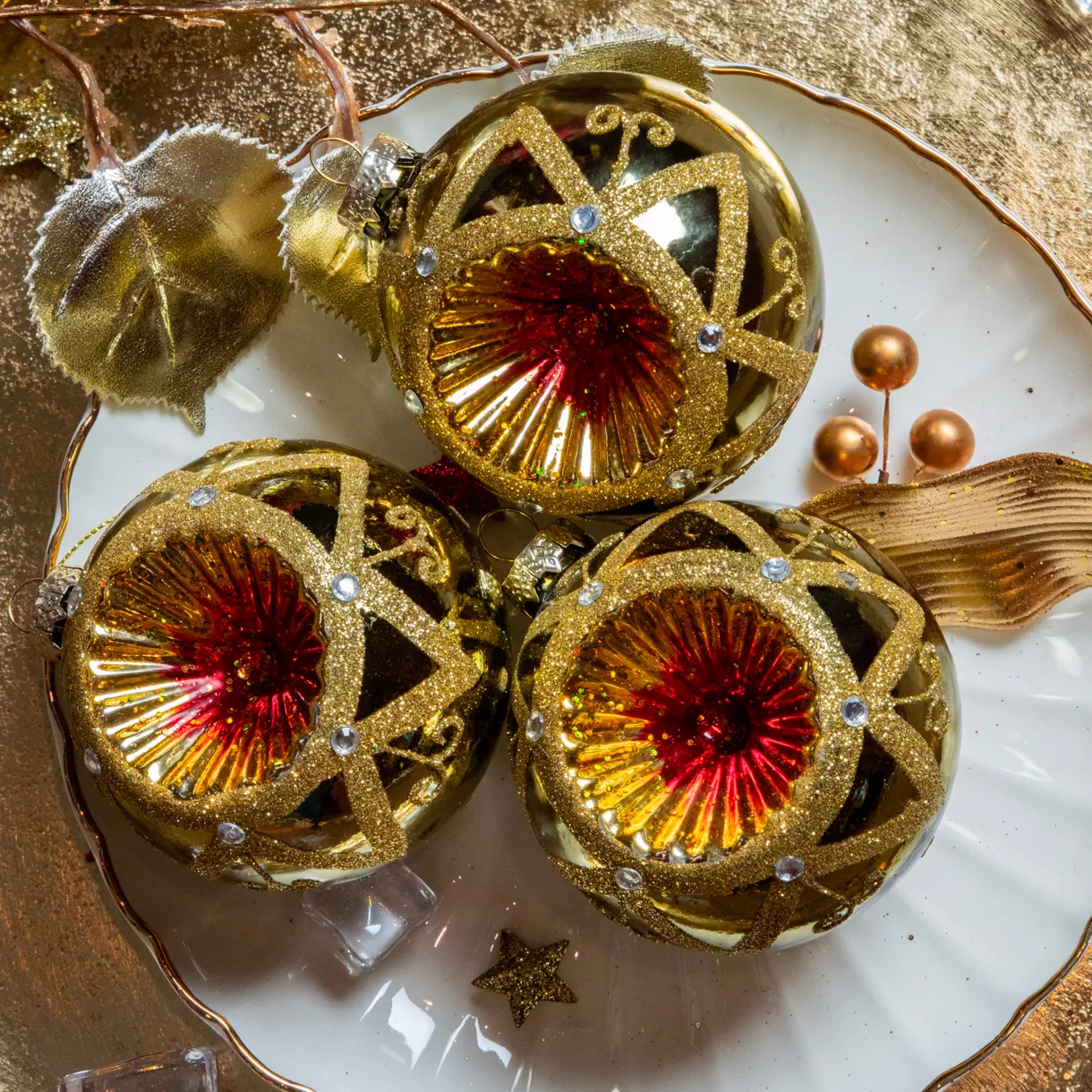 Boule de Noël en verre (D80 mm) Impérial Vert romarin et or