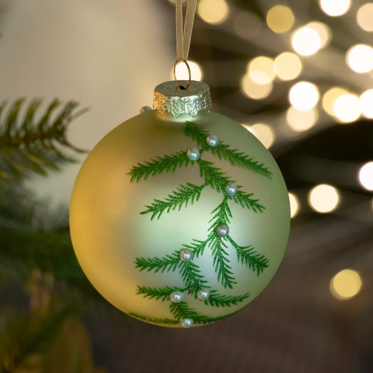 Set di 3 palline di Natale in vetro (D80 mm) Fogliame invernale Tè verde