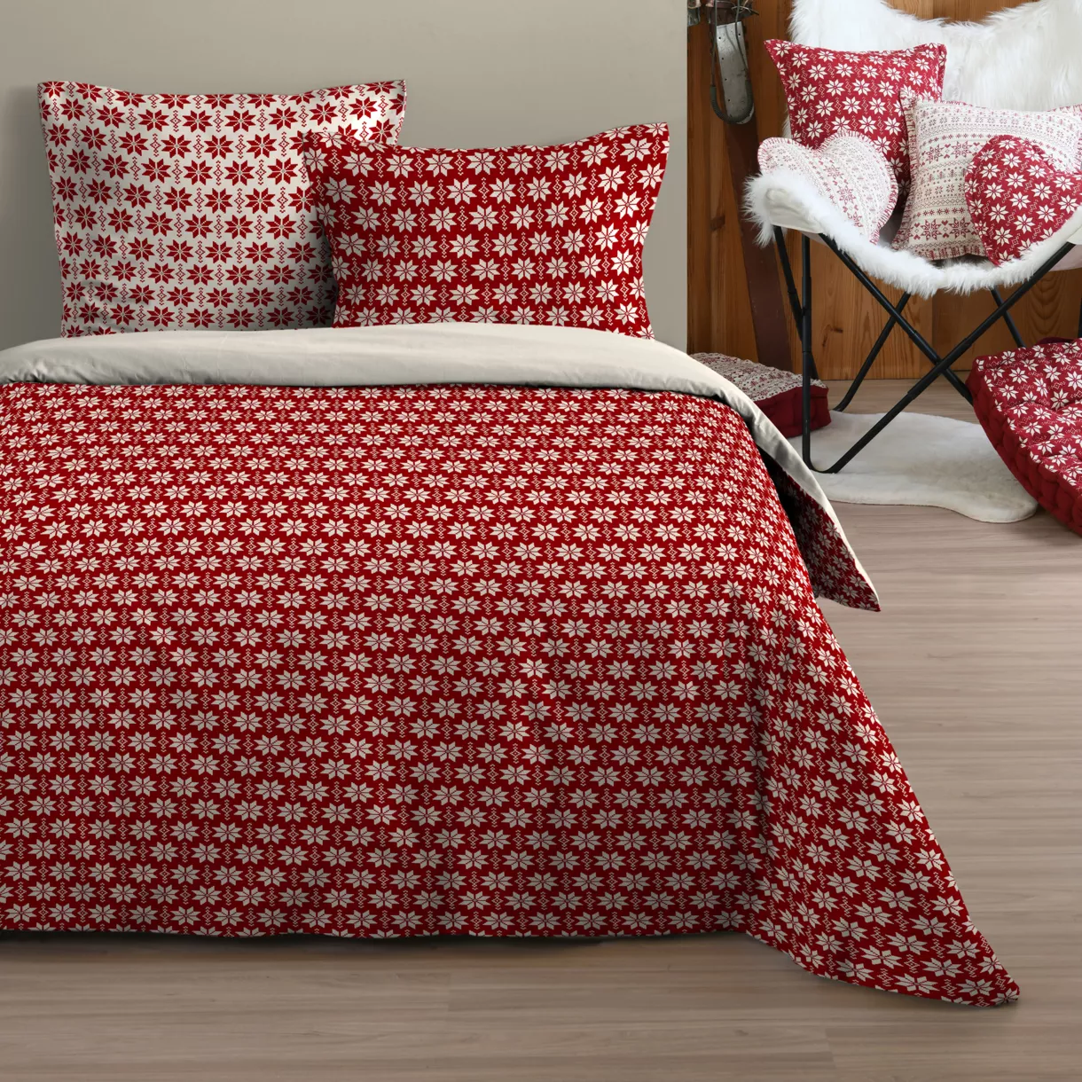 Housse de couette et deux taies coton (260 x 240 cm) Valgenis Rouge