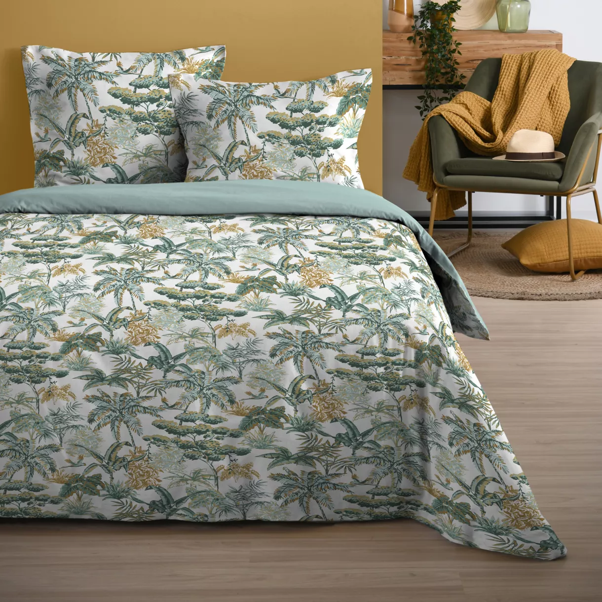 Housse de couette et deux taies coton (260 x 240 cm) Mafate Verte