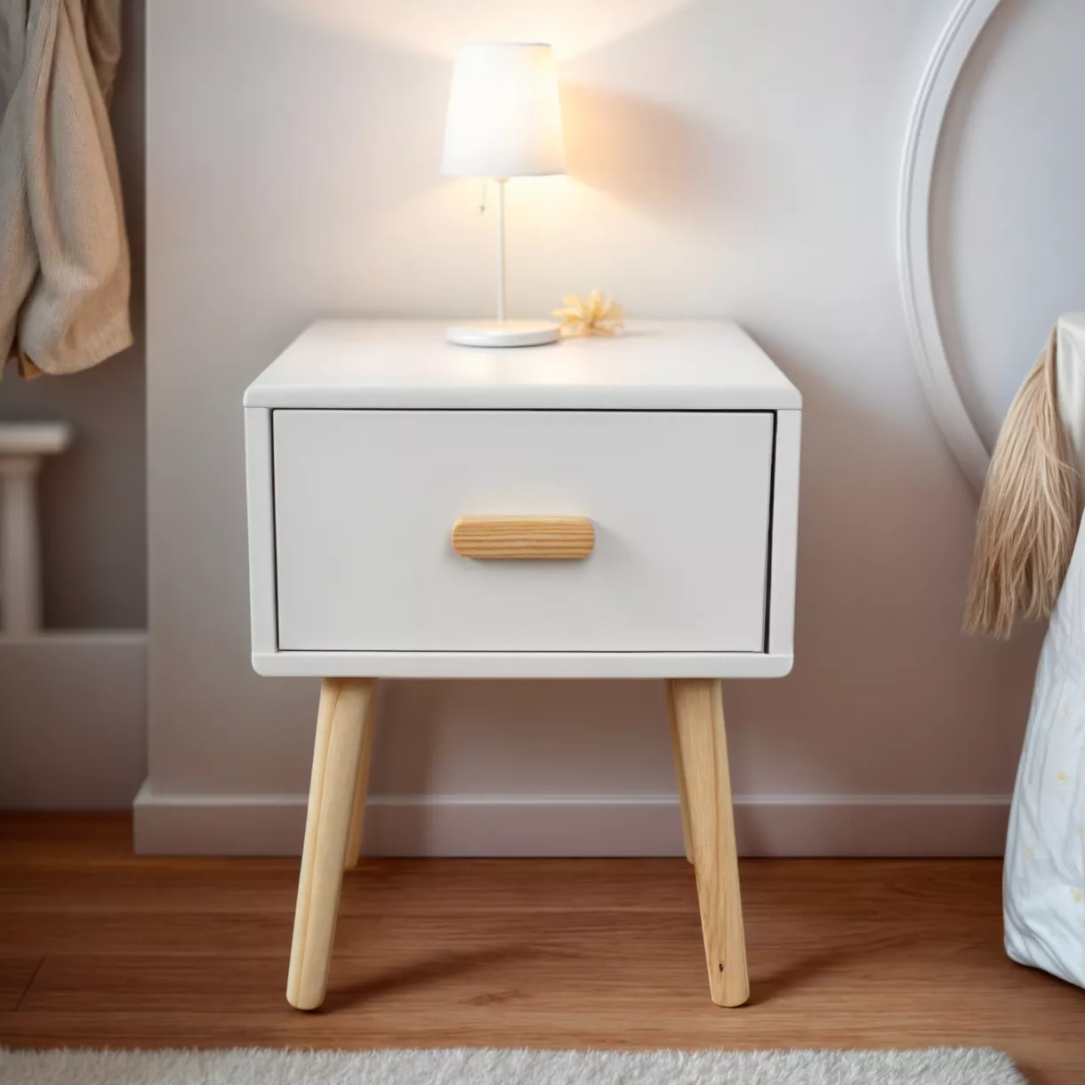 Kinder-Nachttisch aus Holz mit 1 Schublade (H44 cm) Livio Weiß
