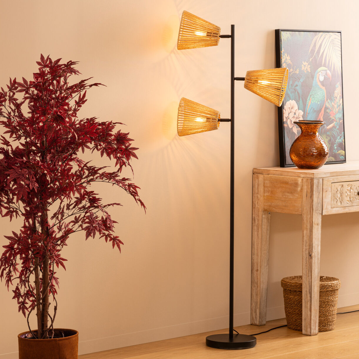 Metalen en touw staande lamp met 3 lampenkappen (H150 cm) Giada Beige