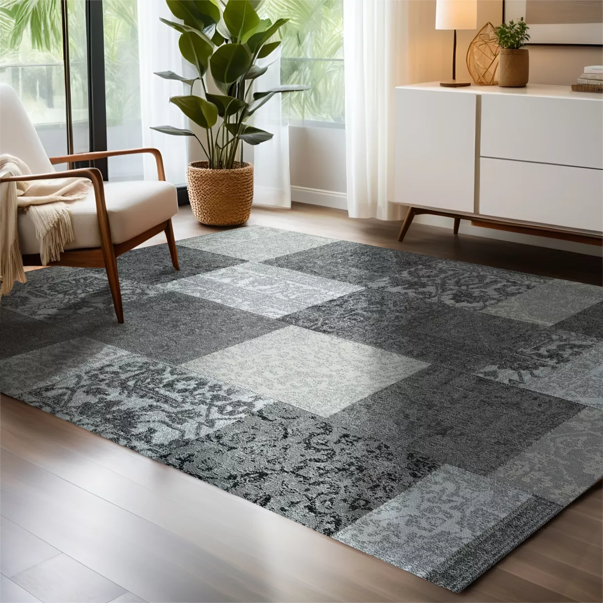 eminza Tapis de salon rectangulaire jacquard (140 x 200 cm) Rishi Noir et gris