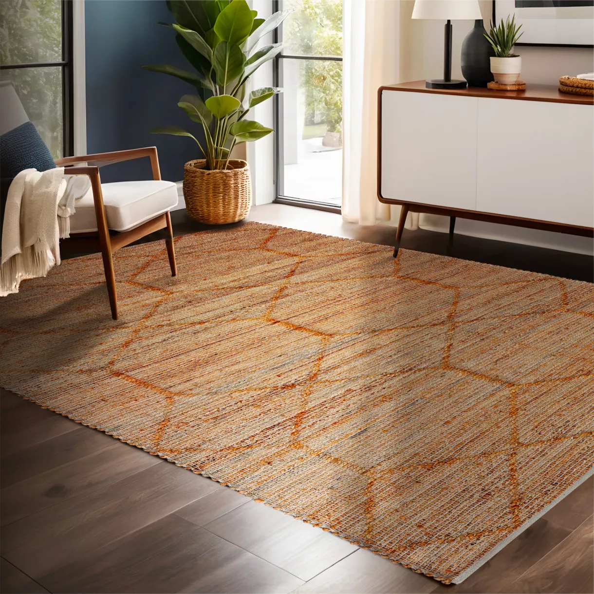Alfombra rectangular de salón de yute y algodón tejida a mano (140 x 200 cm) Jaya Marrón