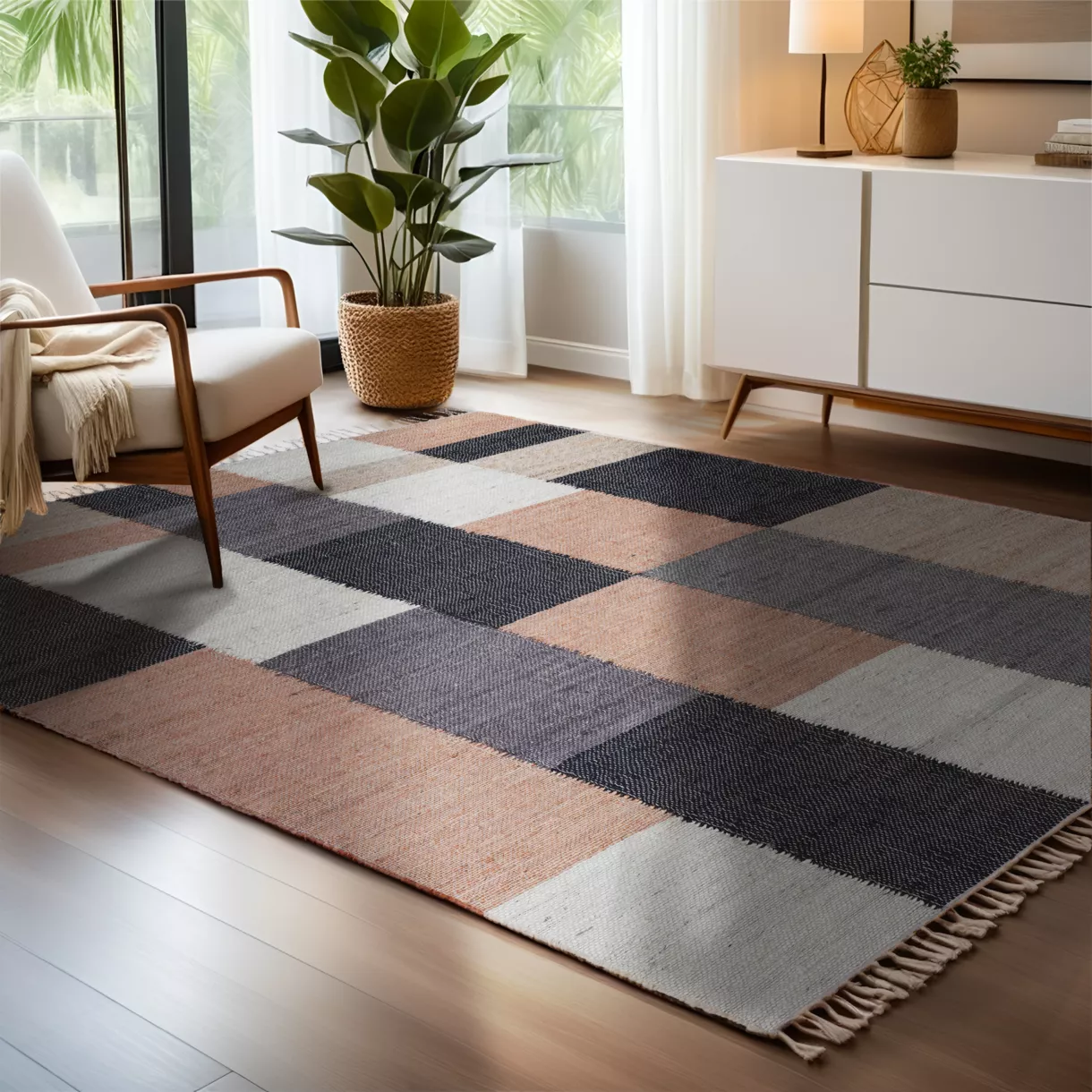 Alfombra rectangular de salón de yute y algodón (160 x 230 cm) Freya Multicolor