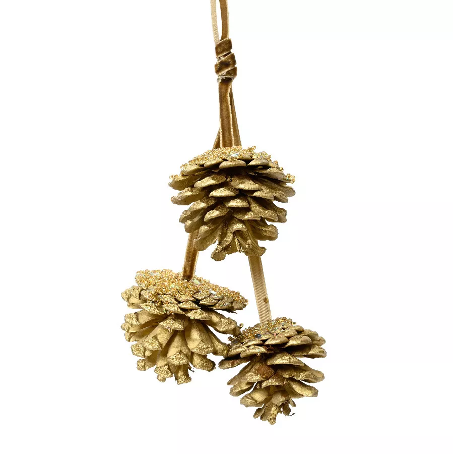 Suspensión de 3 piñas (H25 cm) Perlada Dorada