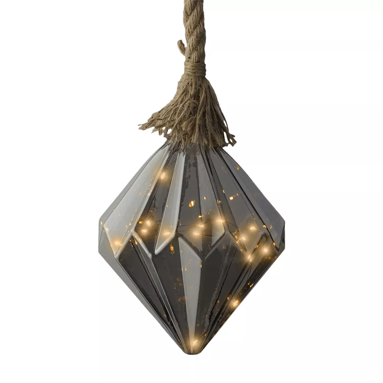 Suspension lumineuse en verre à piles 15 LED (H20 cm) Diamant Gris/blanc chaud