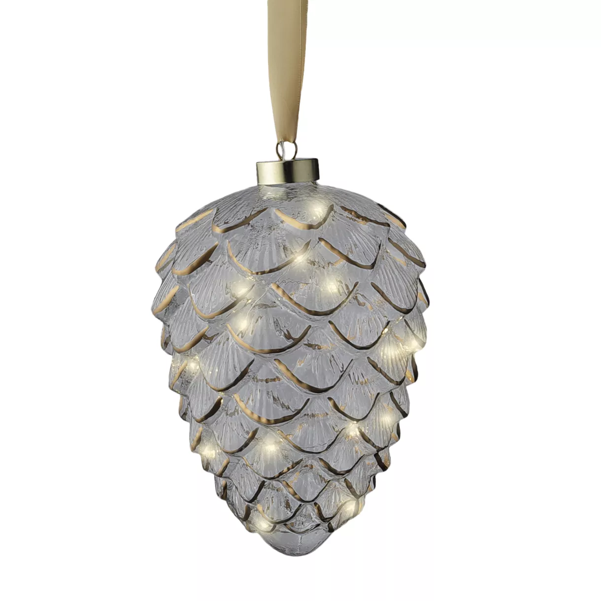 Lichtgevende dennenappel van glas op batterijen met 15 LED's (H21 cm) Vintage Goud/warm wit