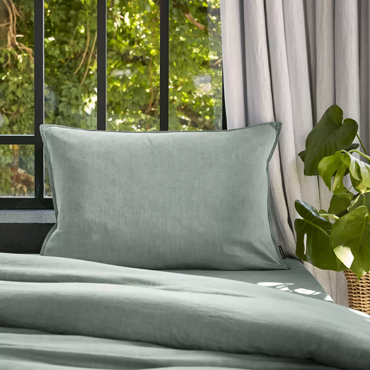 Funda de almohada rectangular lyocell Tencel™ lavado (50 x 70 cm) Olivia Verde eucalipto
