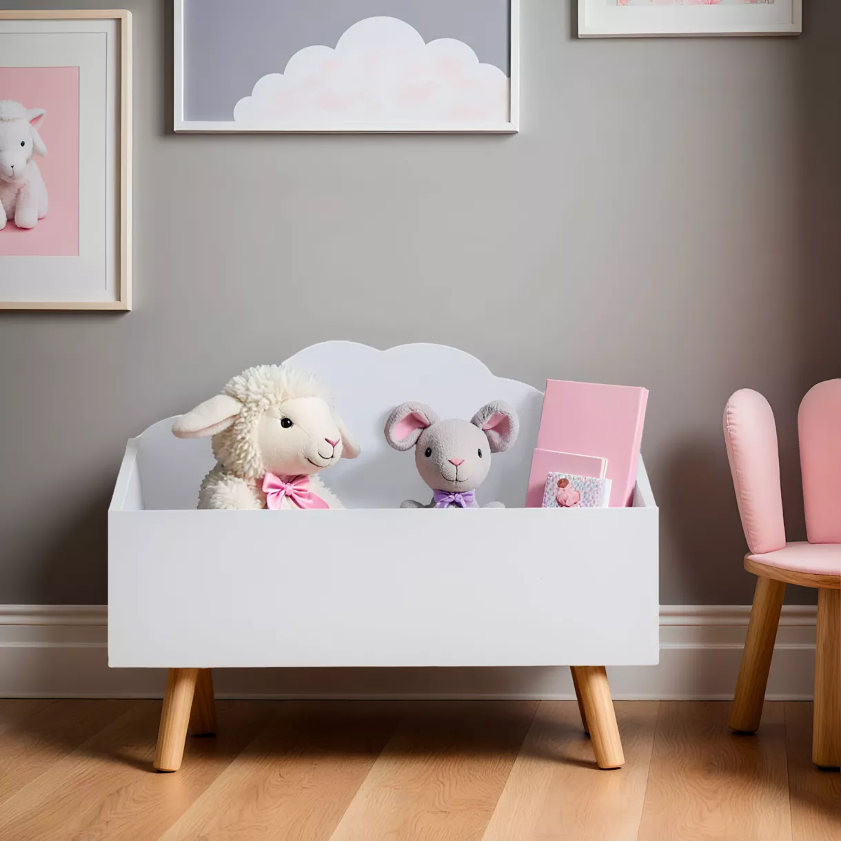 Cofre de juguetes infantil madera (H45 cm) Cloudy Blanco