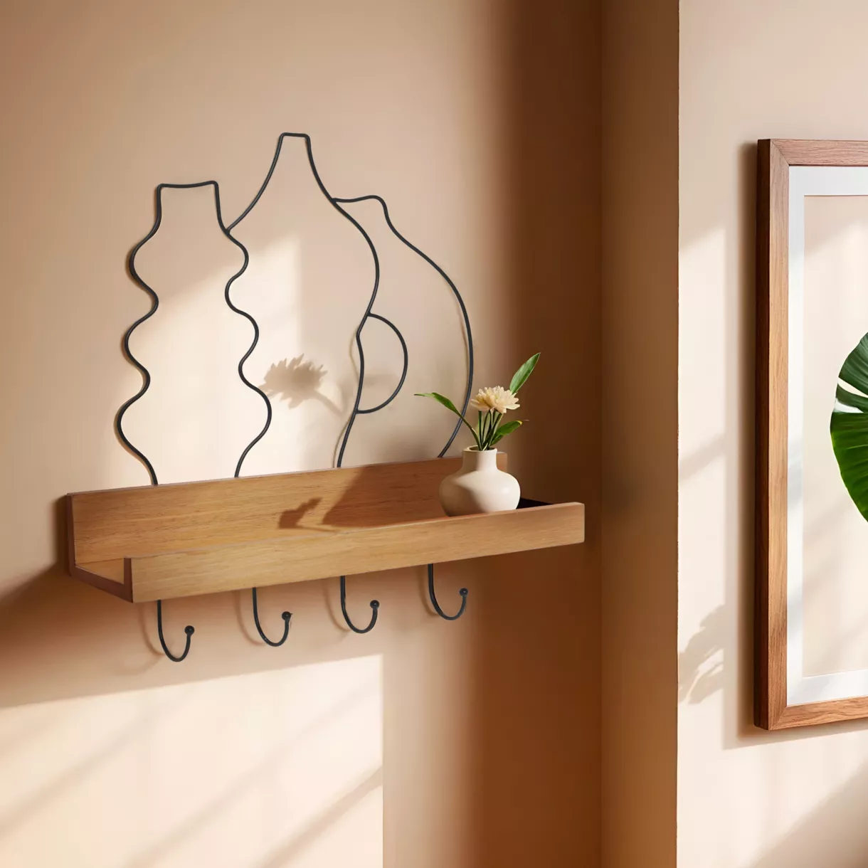 Portallaves de pared con estante de madera (42 cm) Design Negro y natural
