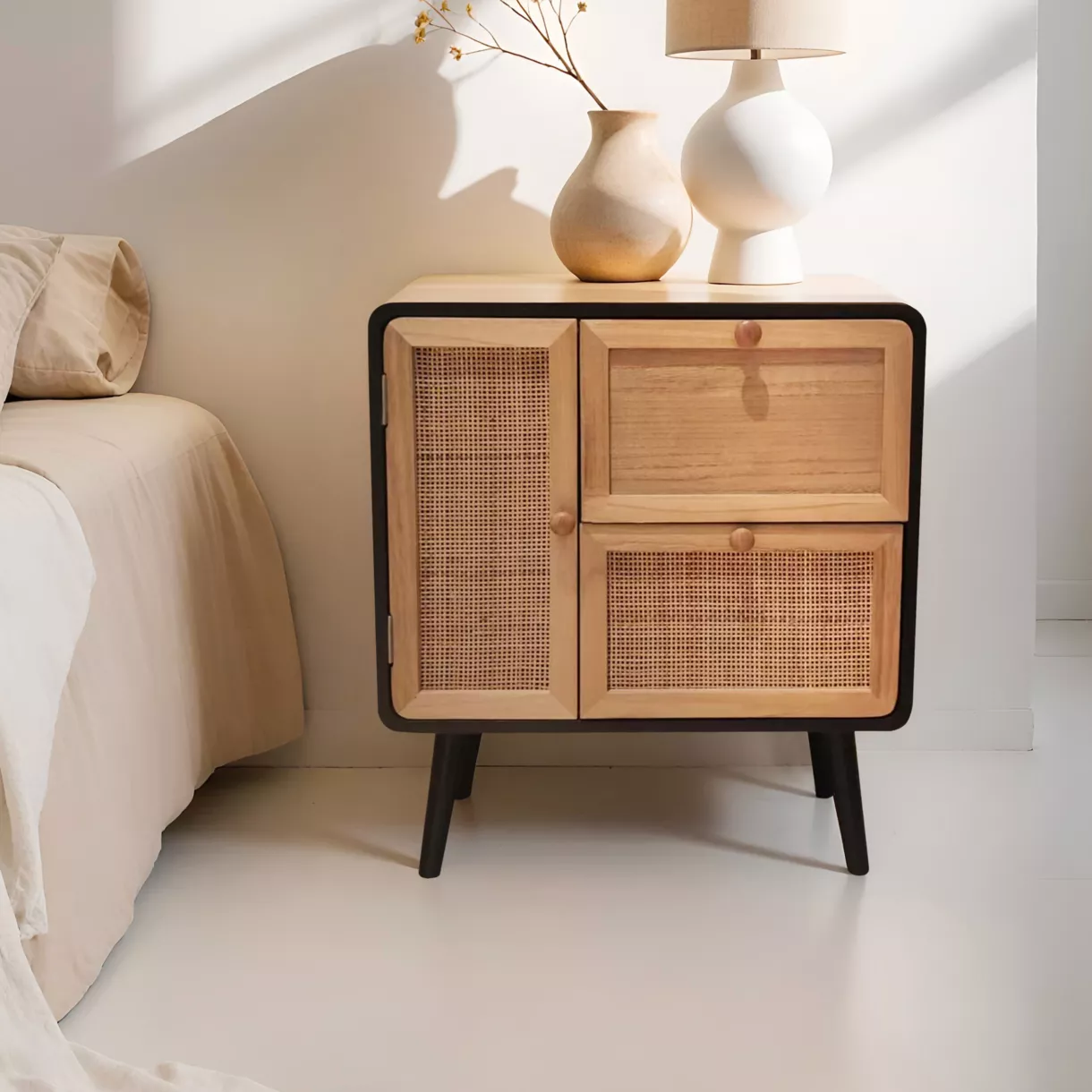 Nachttisch aus Holz und Rattan (50 x H55 cm) Osaka Schwarz und Holz