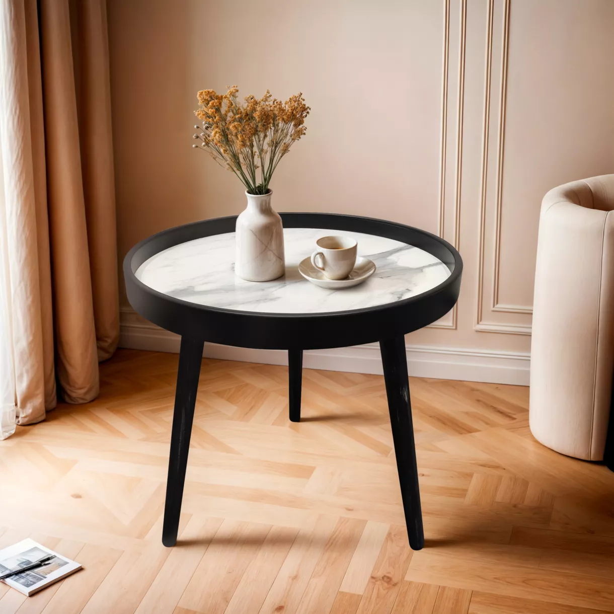 Mesa de centro redonda efecto marmol (A43 cm) Déa Negro