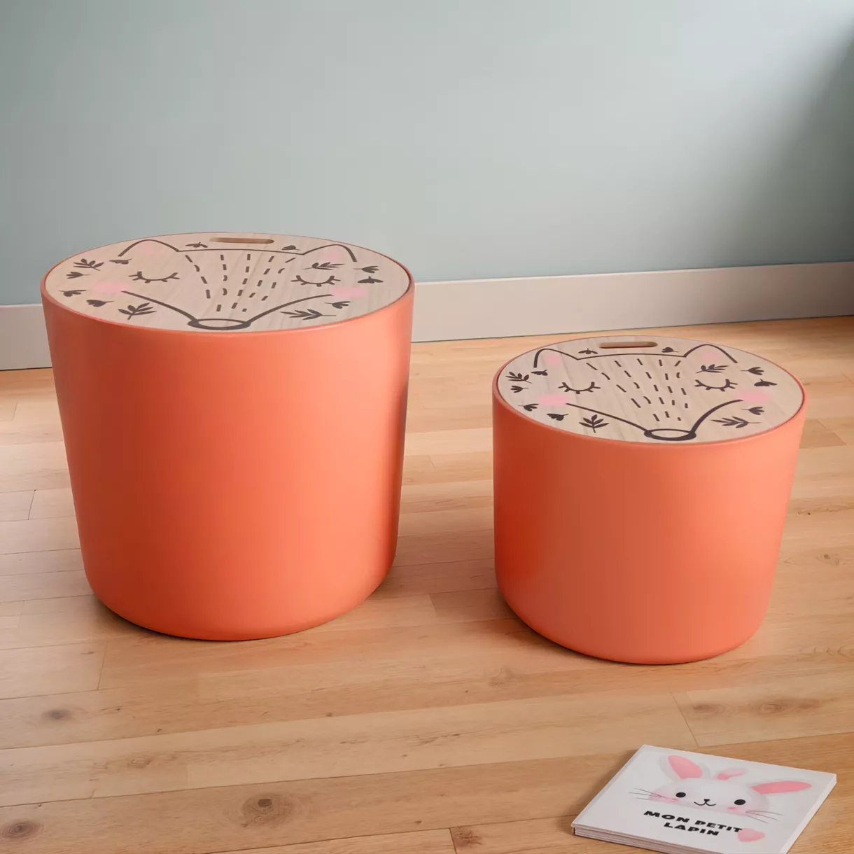 Set van 2 nestelende opbergpoefs voor kinderen hout (H31 en 24 cm) Vosje Terrakotta