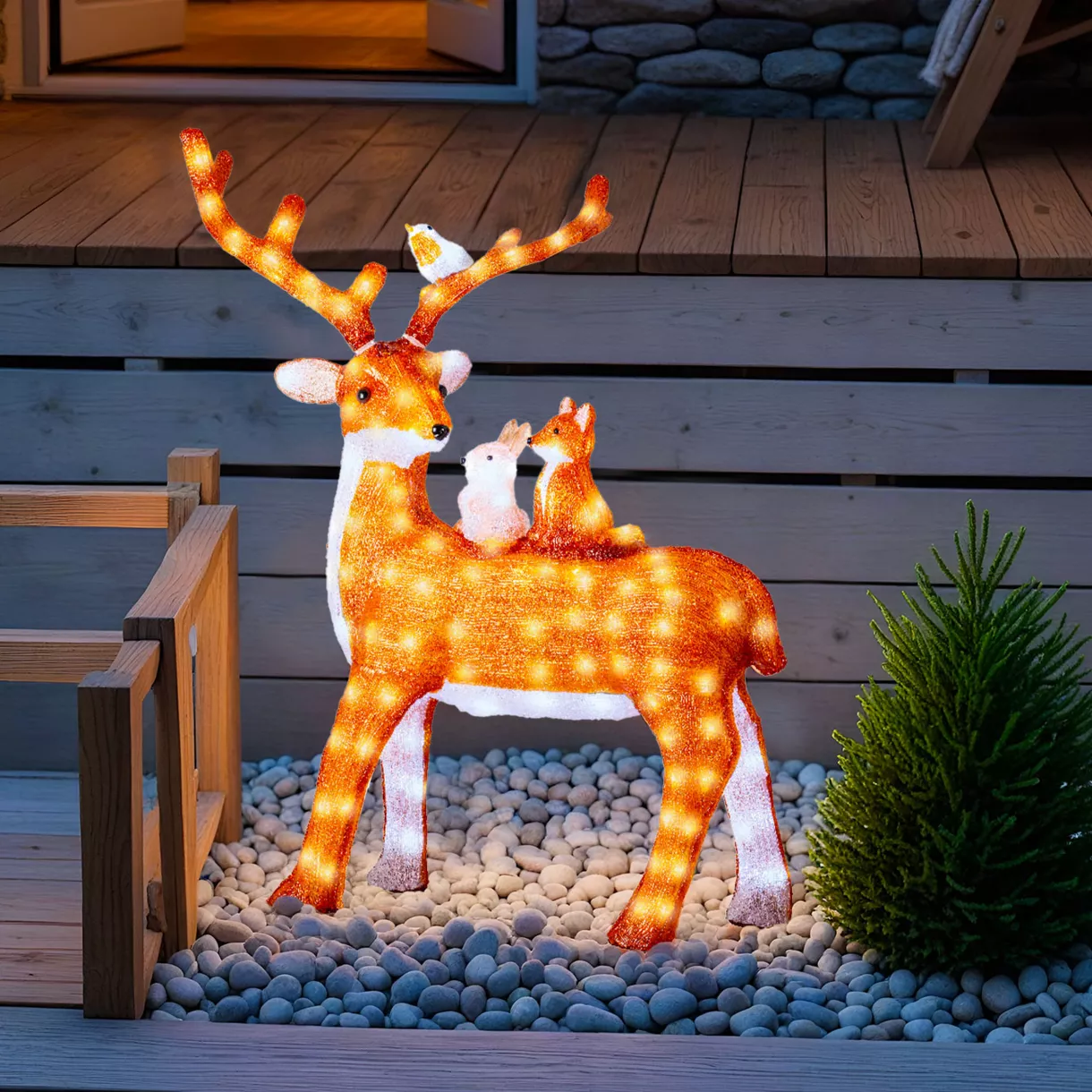 Renne lumineux 180 LED (H95 cm) Lapin et renard Blanc froid