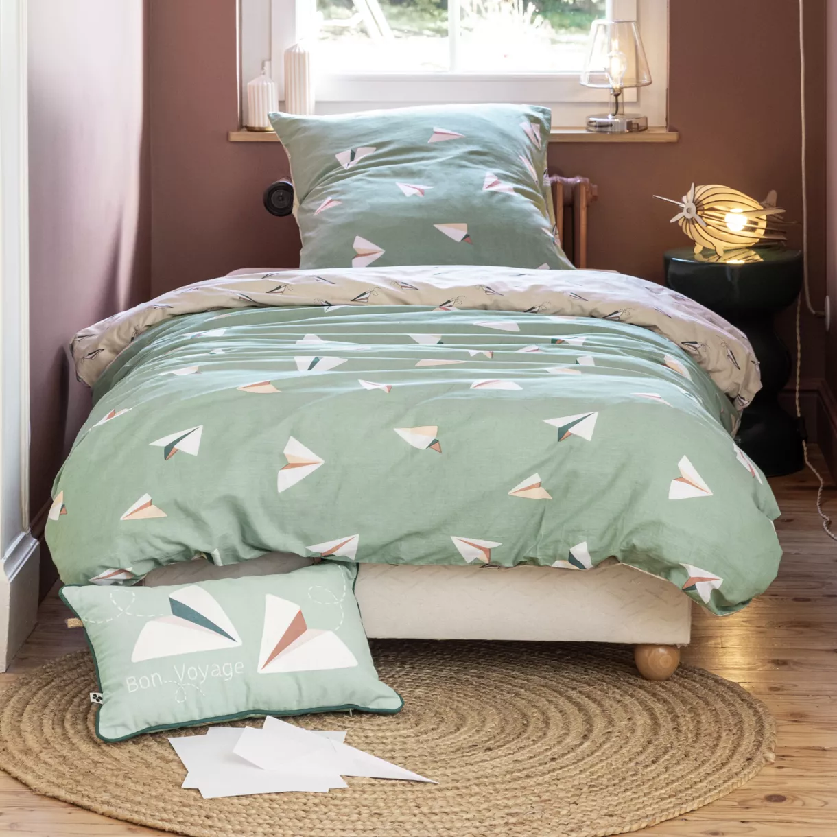 Funda nórdica y funda de almohada infantil de algodón (140 x 200 cm) Petits papiers Azul