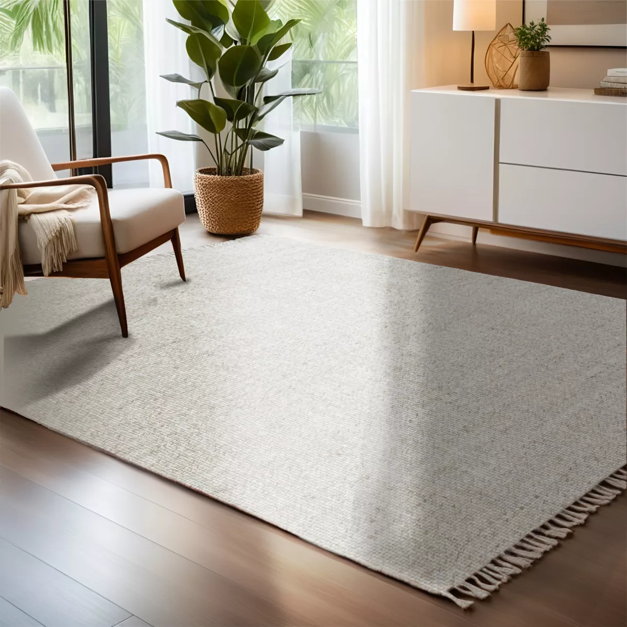 Alfombra rectangular de salón de lana tejida (140 x 200 cm) Jacks Beige