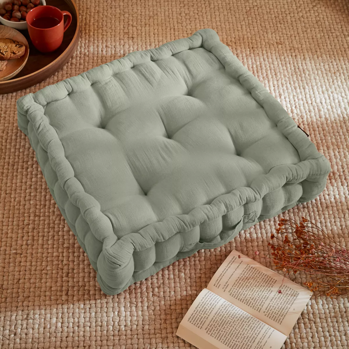 Coussin de sol gaze de coton (50 x 50 cm) Gaïa Vert eucalyptus