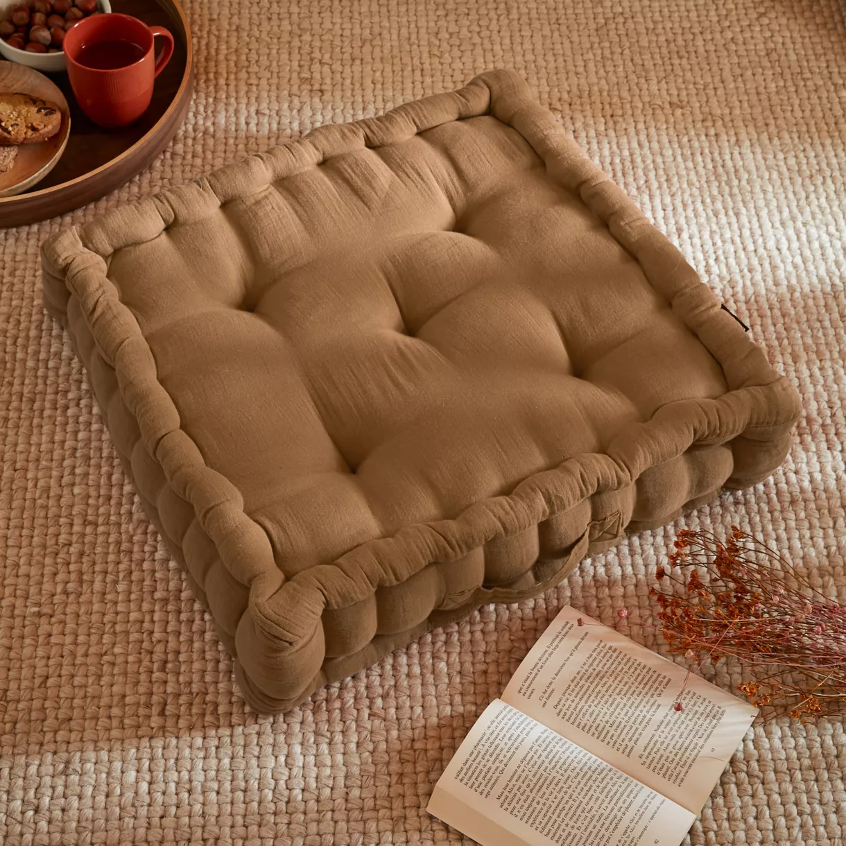 Coussin de sol gaze de coton (50 x 50 cm) Gaïa Camel