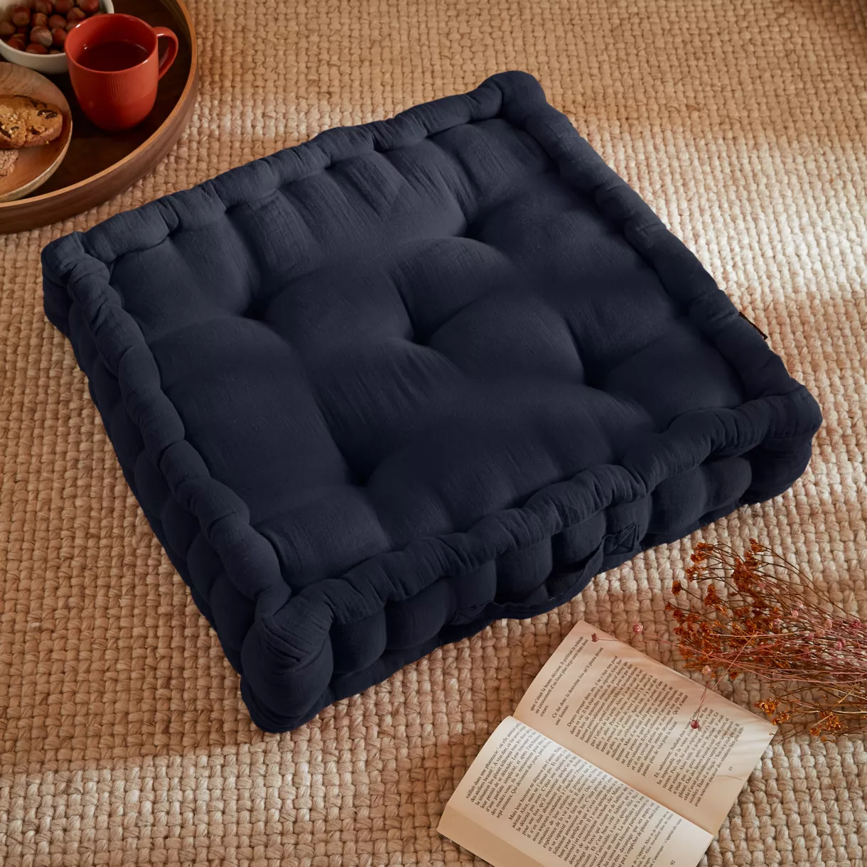 Coussin de sol gaze de coton (50 x 50 cm) Gaïa Bleu nuit