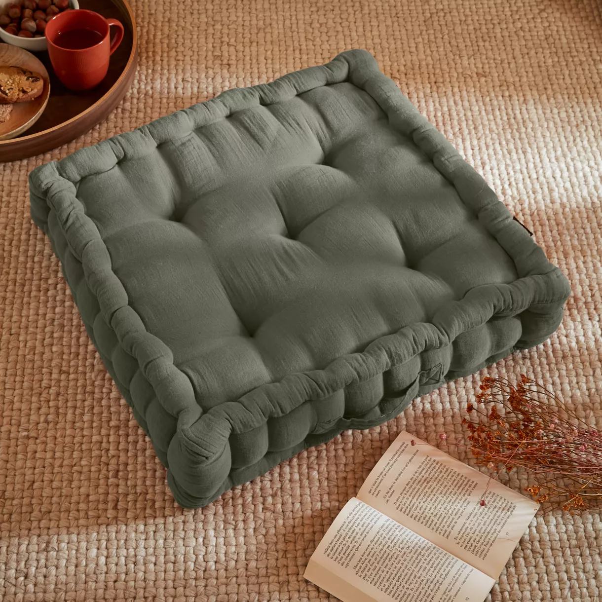 Coussin de sol gaze de coton (50 x 50 cm) Gaïa Vert romarin