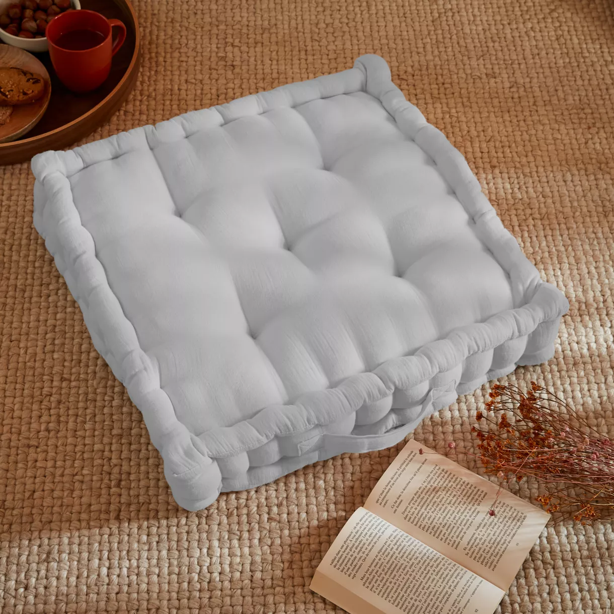Coussin de sol gaze de coton (50 x 50 cm) Gaïa Gris nuage