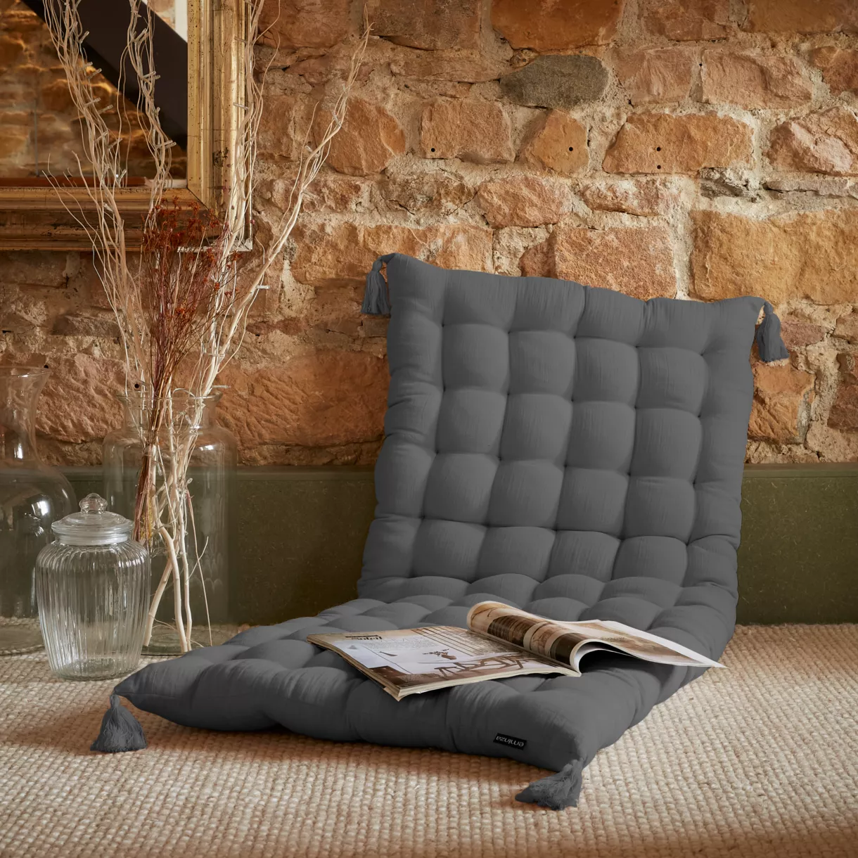 Colchoneta de suelo en gaza de algodón (60 x 120 cm) Gaïa Gris granito