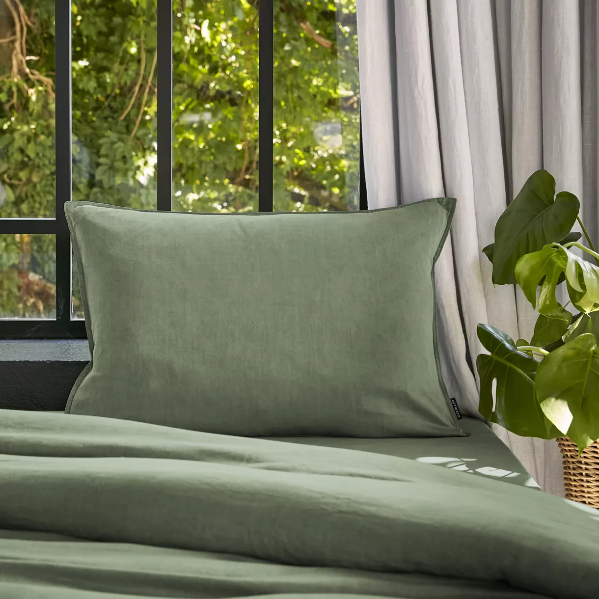 Funda de almohada rectangular lyocell Tencel™ lavado (50 x 70 cm) Olivia Verde romero