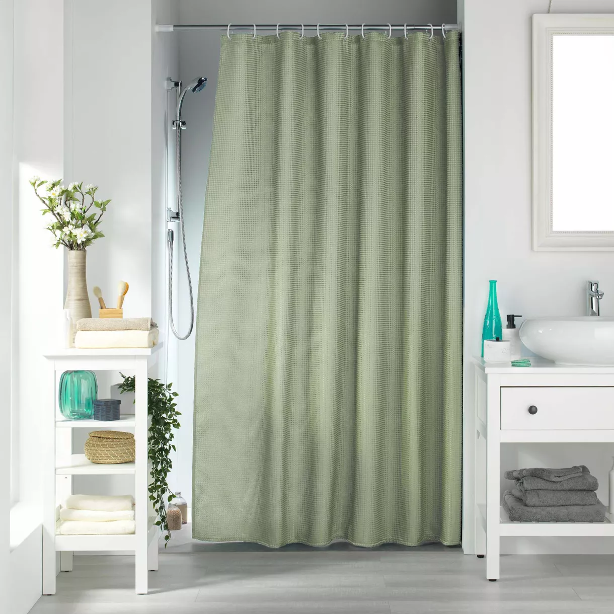 Geweven douchegordijn met ringen (180 x 200 cm) Quartz Saliegroen