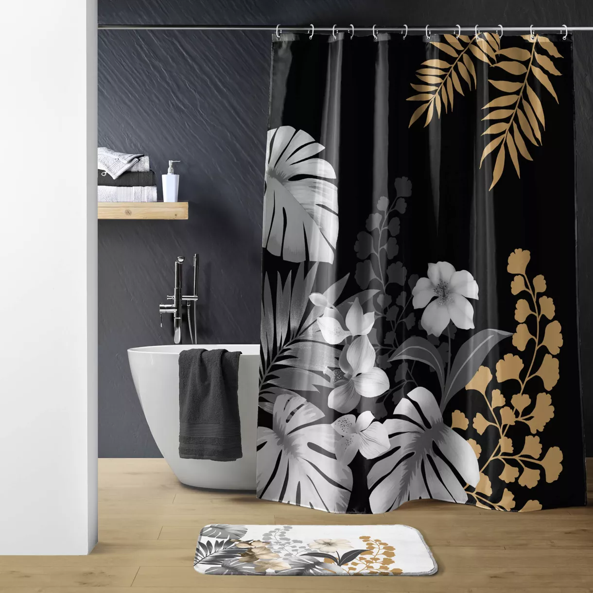 Rideau de Douche avec Crochets (180 x 200 cm) Kelly Noir, Polyester ImprimŽ