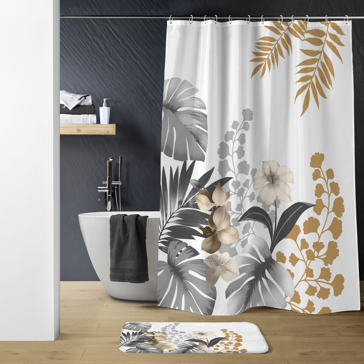 Rideau de Douche avec Crochets (180 x 200 cm) Kelly Blanc, Polyester ImprimŽ