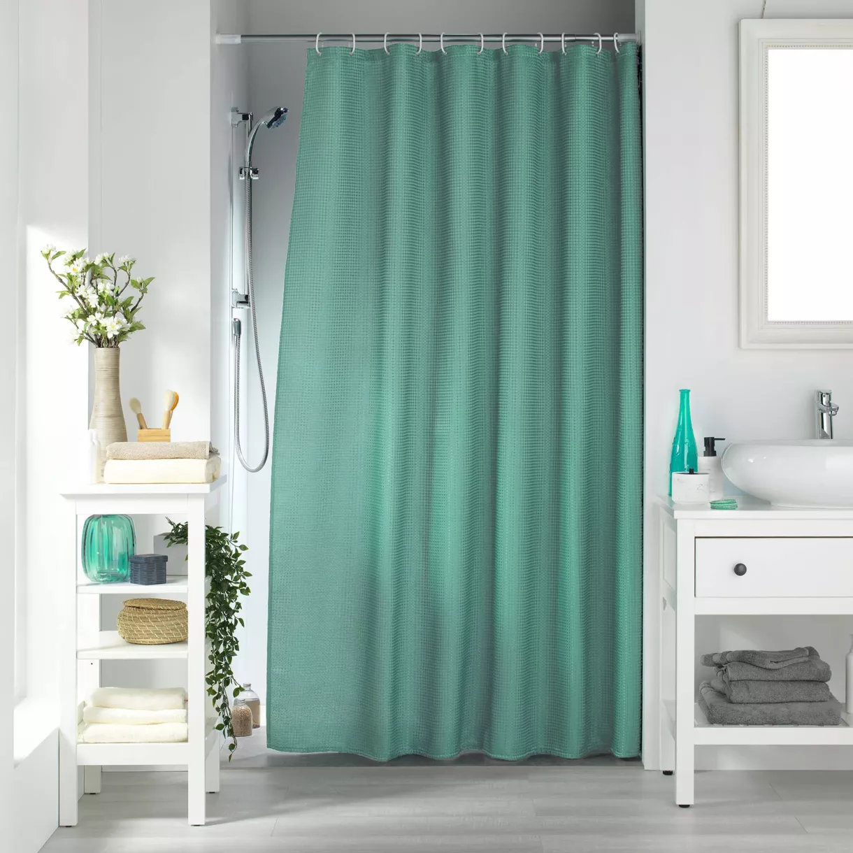 Rideau de Douche avec Crochets (180 x 200 cm) Quartz Tilleul, Jacquard