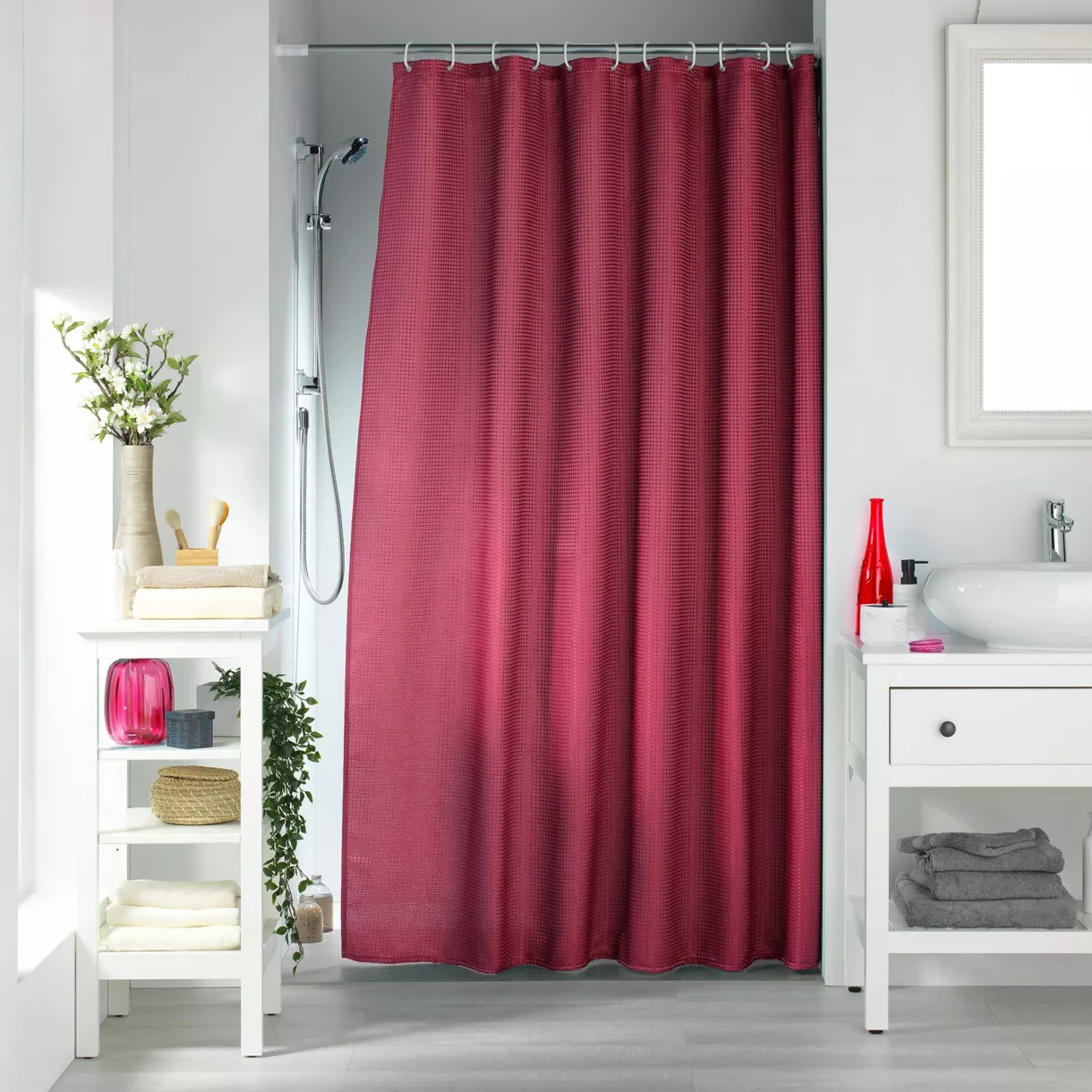 Geweven douchegordijn met ringen (180 x 200 cm) Quartz Roze framboos