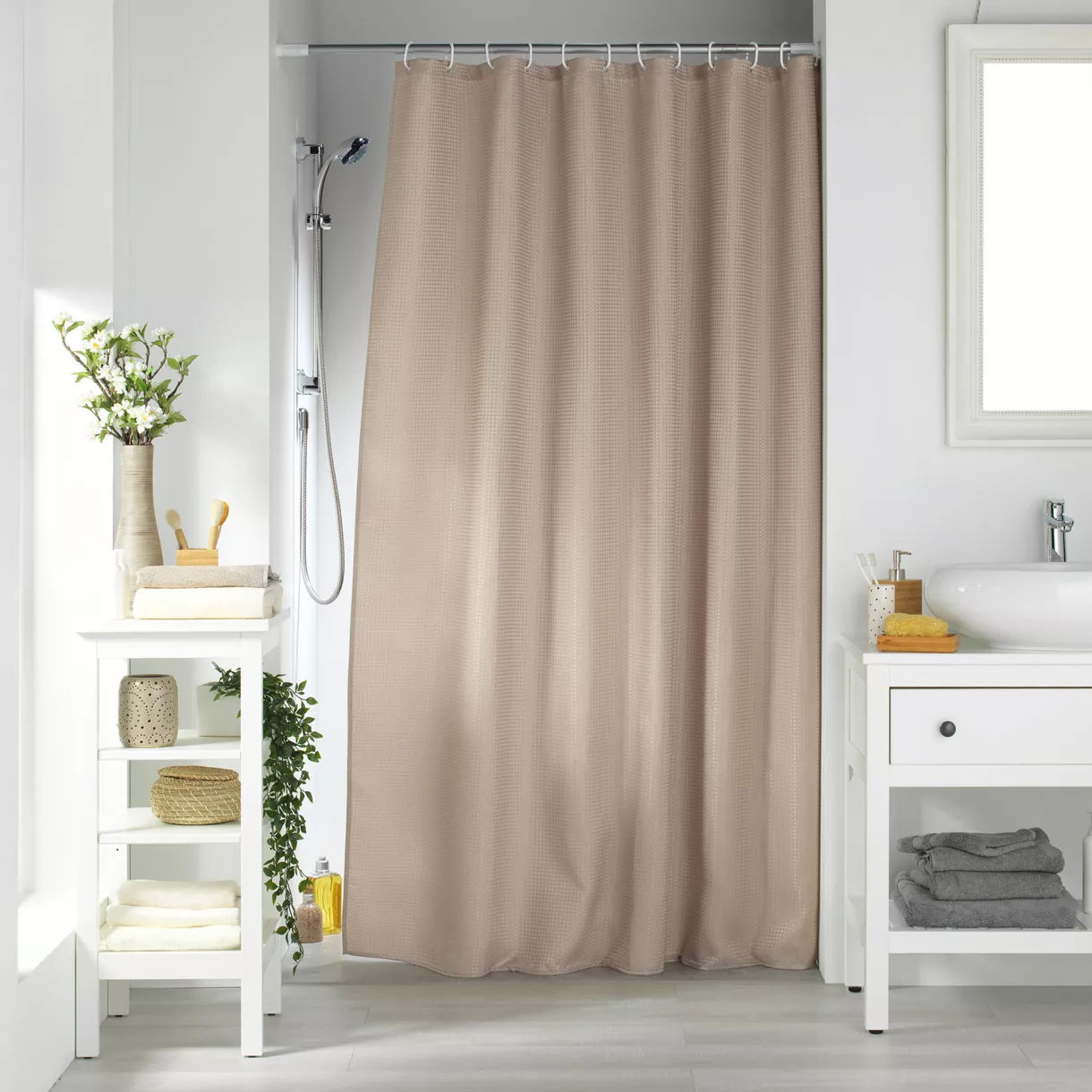 Rideau de Douche avec Crochets (180 x 200 cm) Quartz Taupe, Jacquard