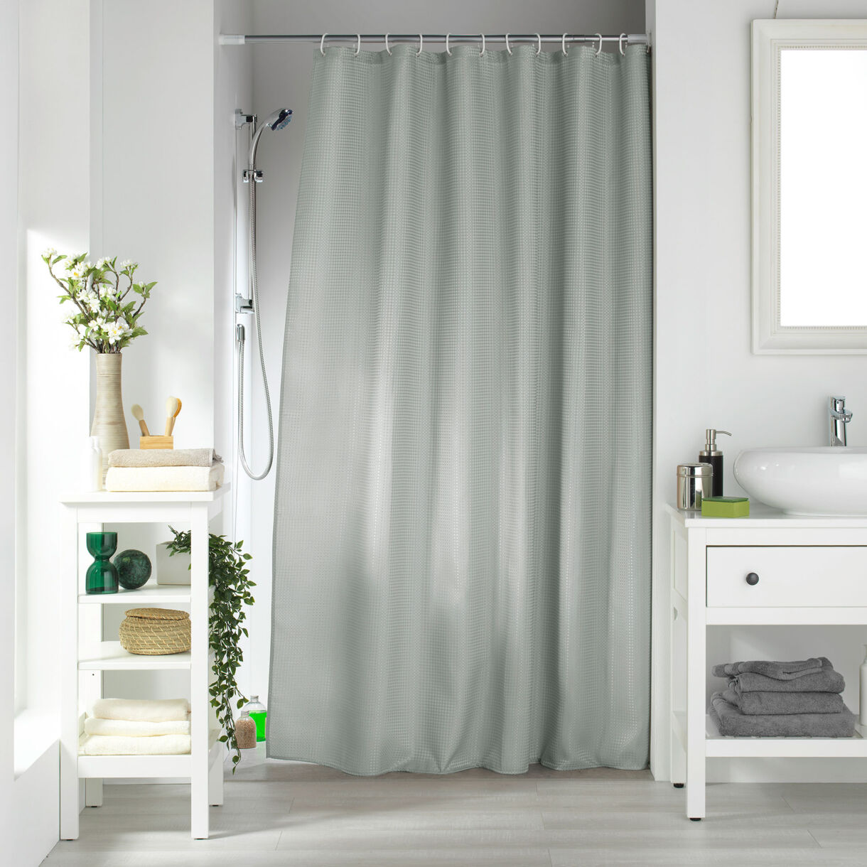 Rideau de Douche avec Crochets (180 x 200 cm) Quartz Gris Clair, Jacquard