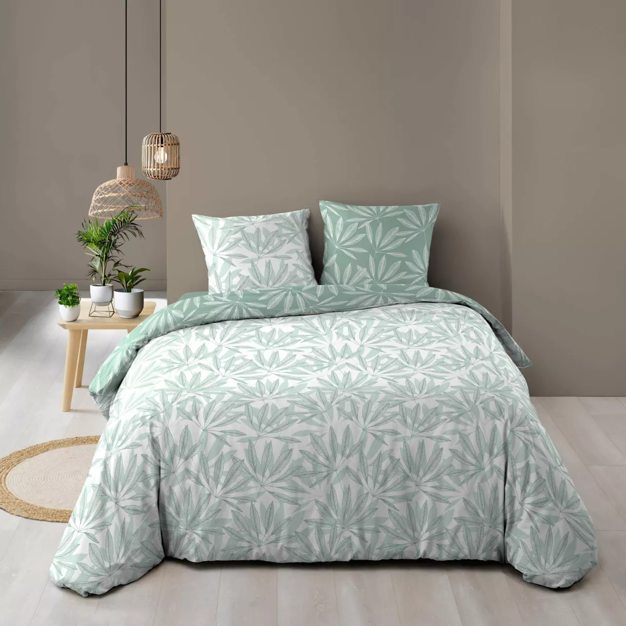 Parure RŽversible 3 Pices (260 x 240 cm) Malia Sauge, 100 % Coton