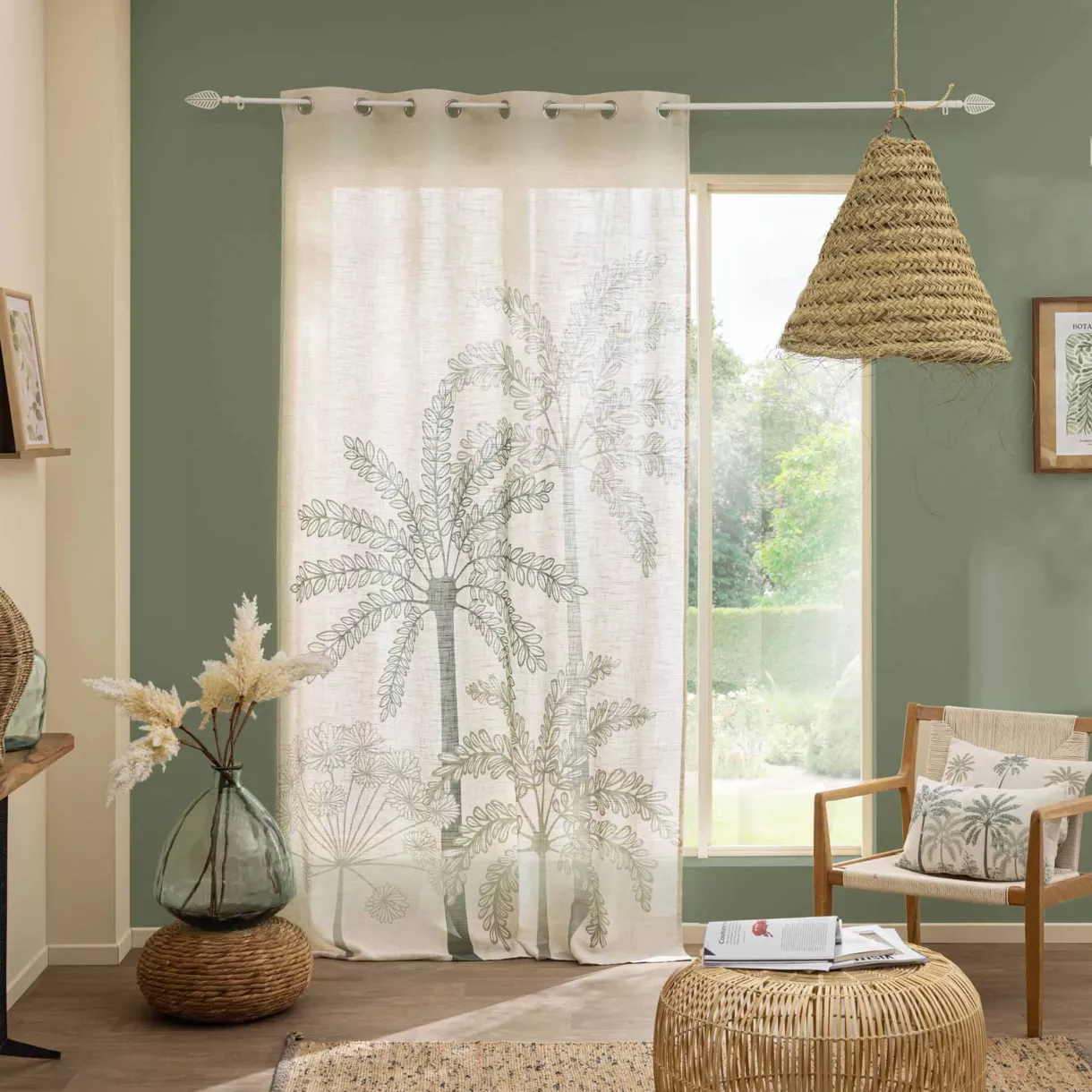 Rideau ˆ Oeillets (140 x 260 cm) Palmea Vert, Polyester & Lin