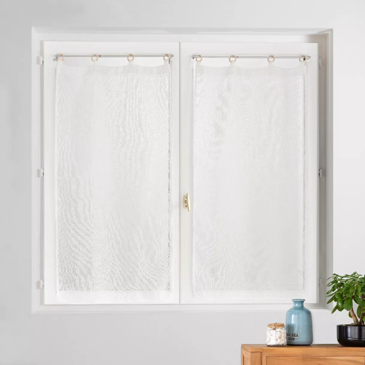 Par de visillos tejidos con ojales de madera (60 x 120 cm) Minalisa Blanco