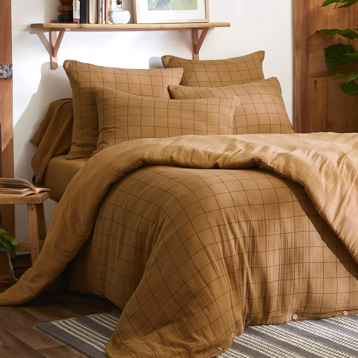EM - Housse de couette rŽversible 140 x 200 cm Gaze de coton tissŽe teinte GAìA MATCH Camel