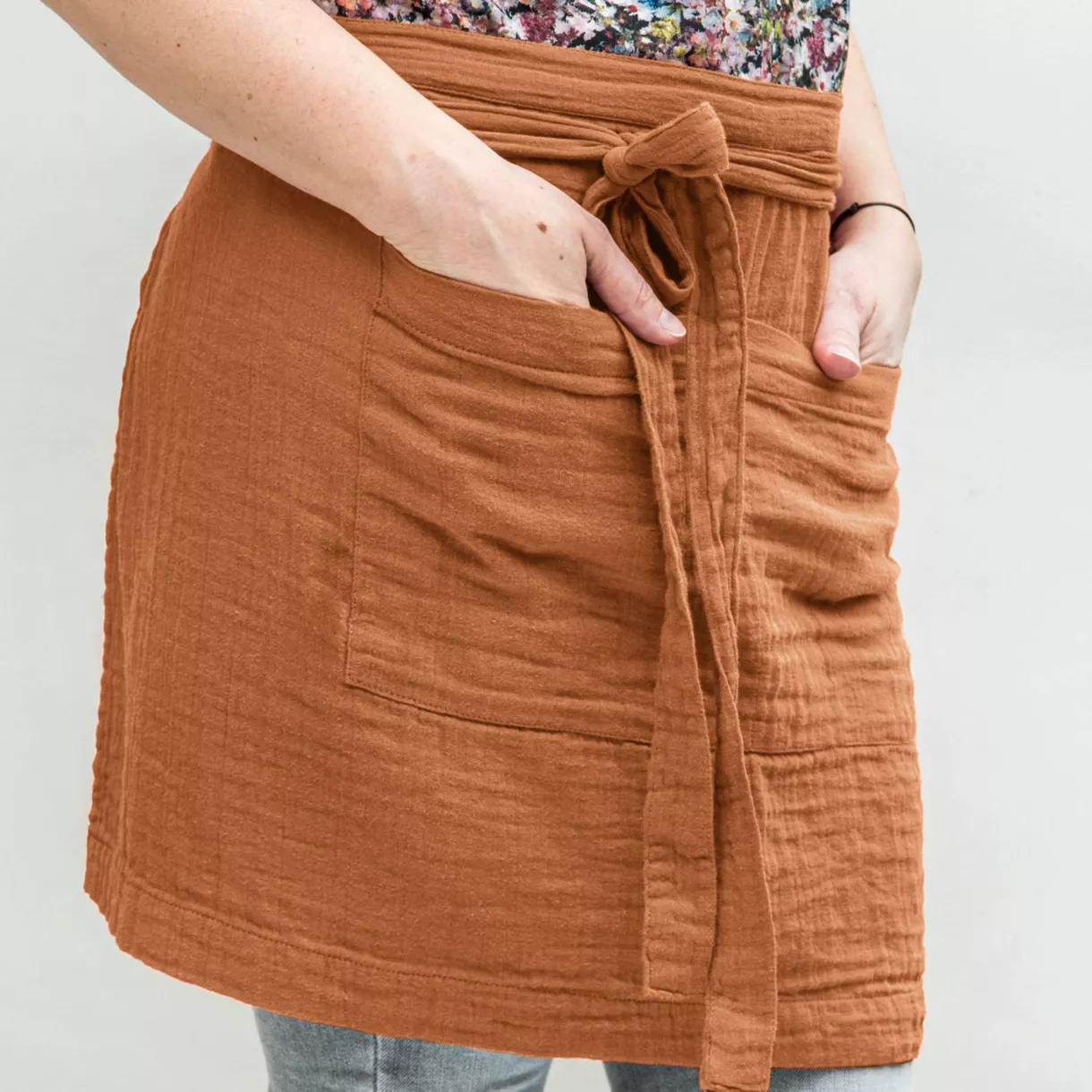 Tablier avec poches gaze de coton Gaïa Abricot