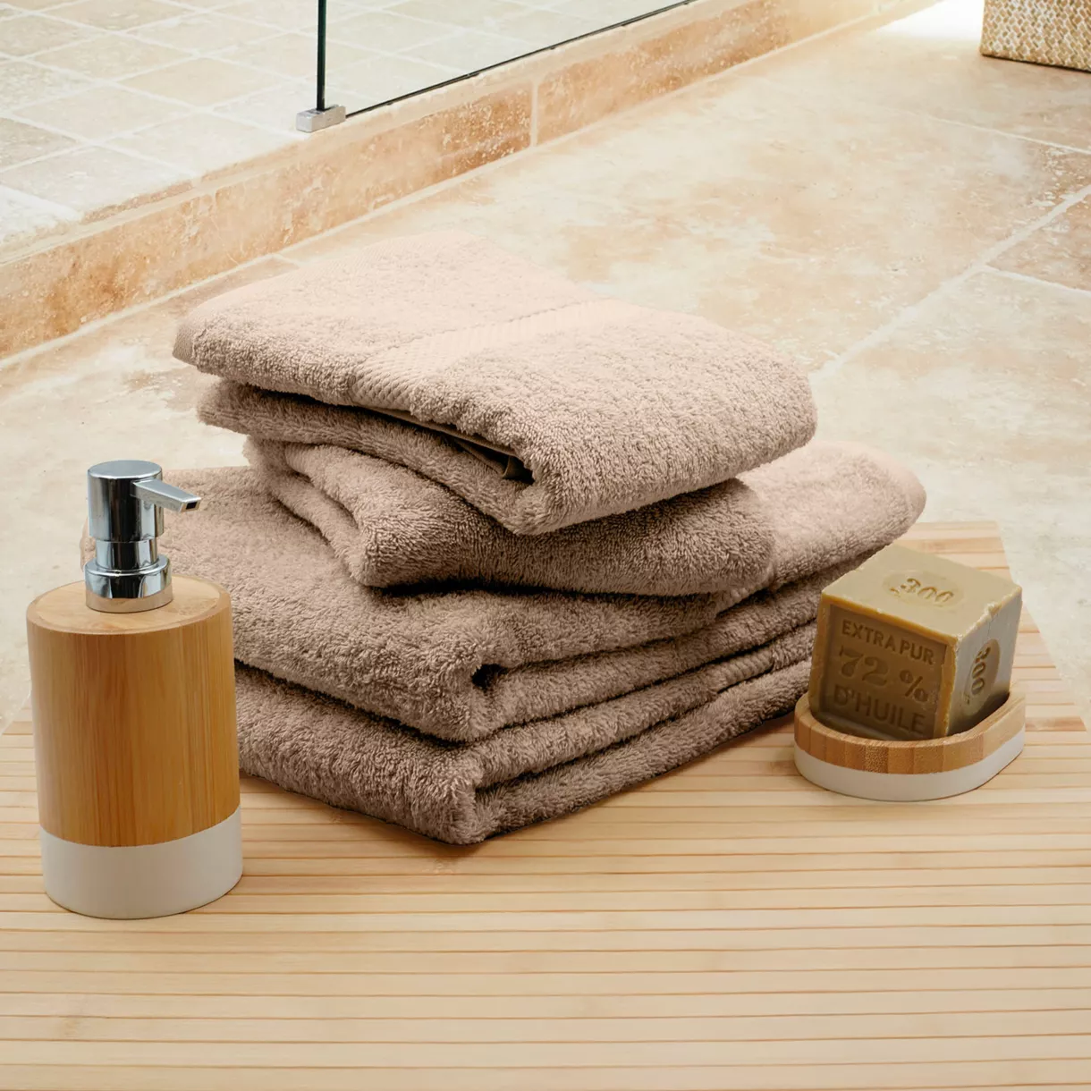 Lot de 4 serviettes de toilette coton (70 x 130 cm) Elegance Noisette