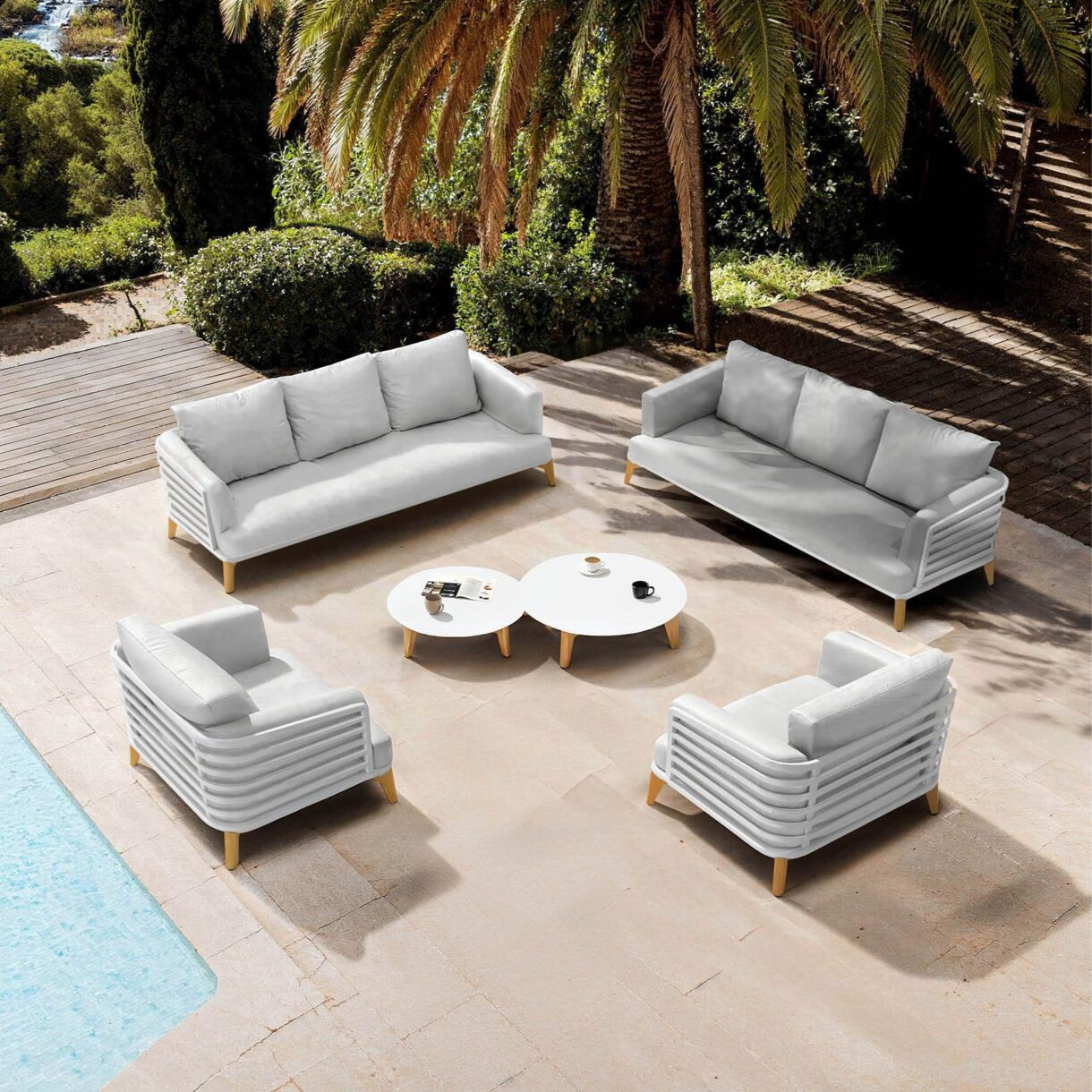 SALON DE JARDIN MONTE-CARLO 8 PLACES STRUCTURE BLANC ET COUSSINS GRIS NUAGE