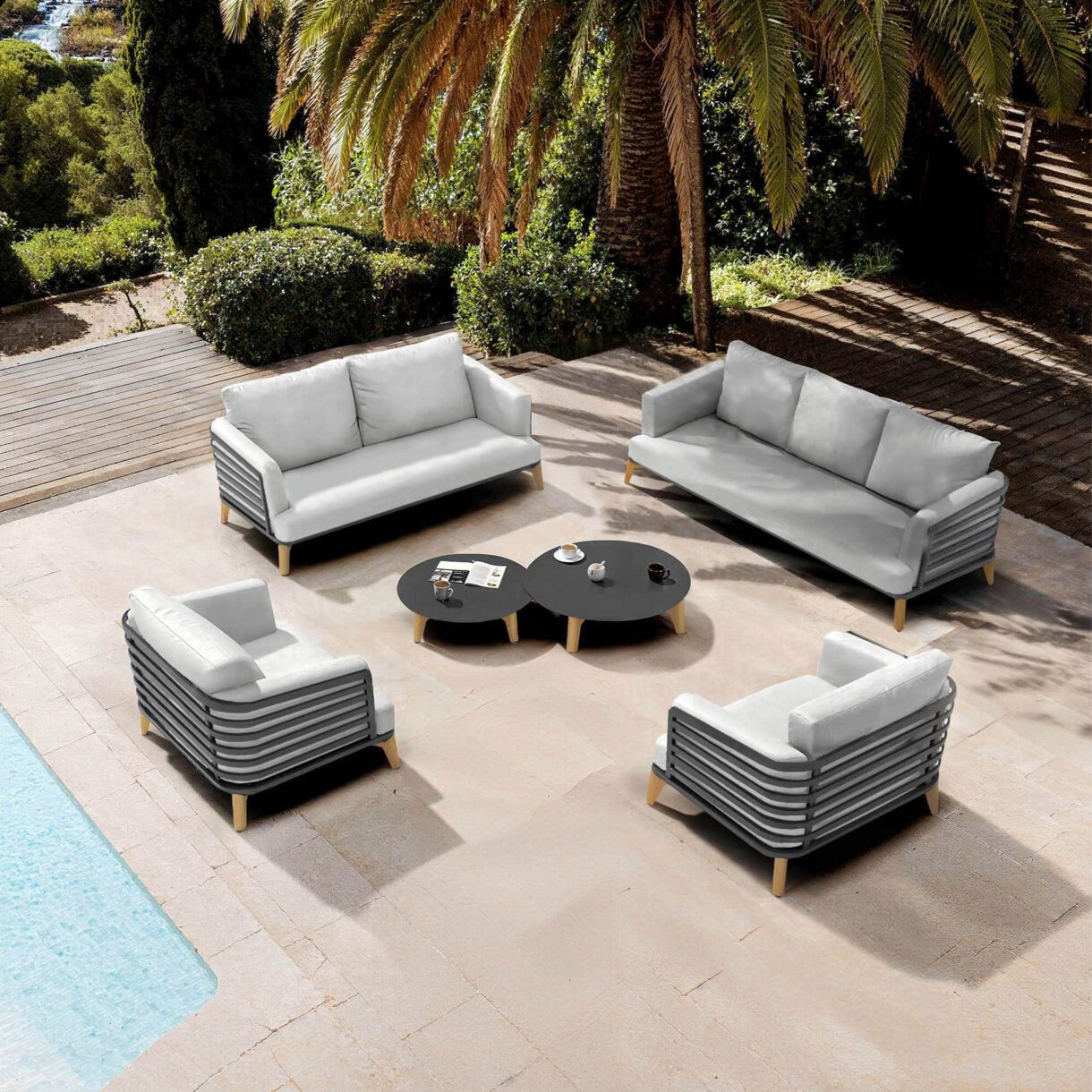 SALON DE JARDIN MONTE-CARLO 7 PLACES STRUCTURE ANTHRACITE ET COUSSINS GRIS NUAGE