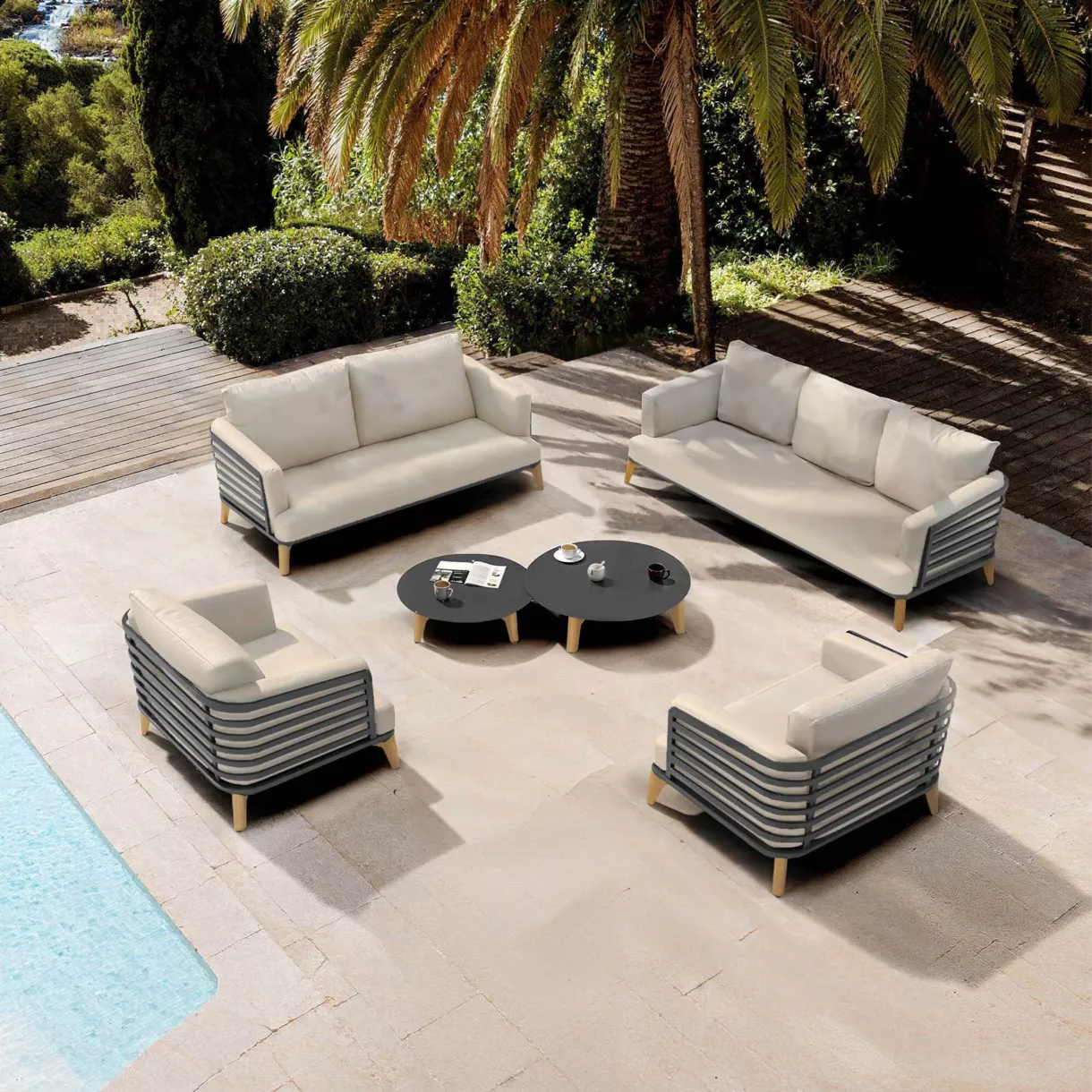 SALON DE JARDIN MONTE-CARLO 7 PLACES STRUCTURE ANTHRACITE ET COUSSINS SABLE