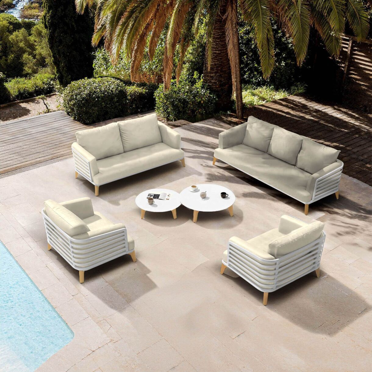 SALON DE JARDIN MONTE-CARLO 7 PLACES STRUCTURE BLANC ET COUSSINS BEIGE