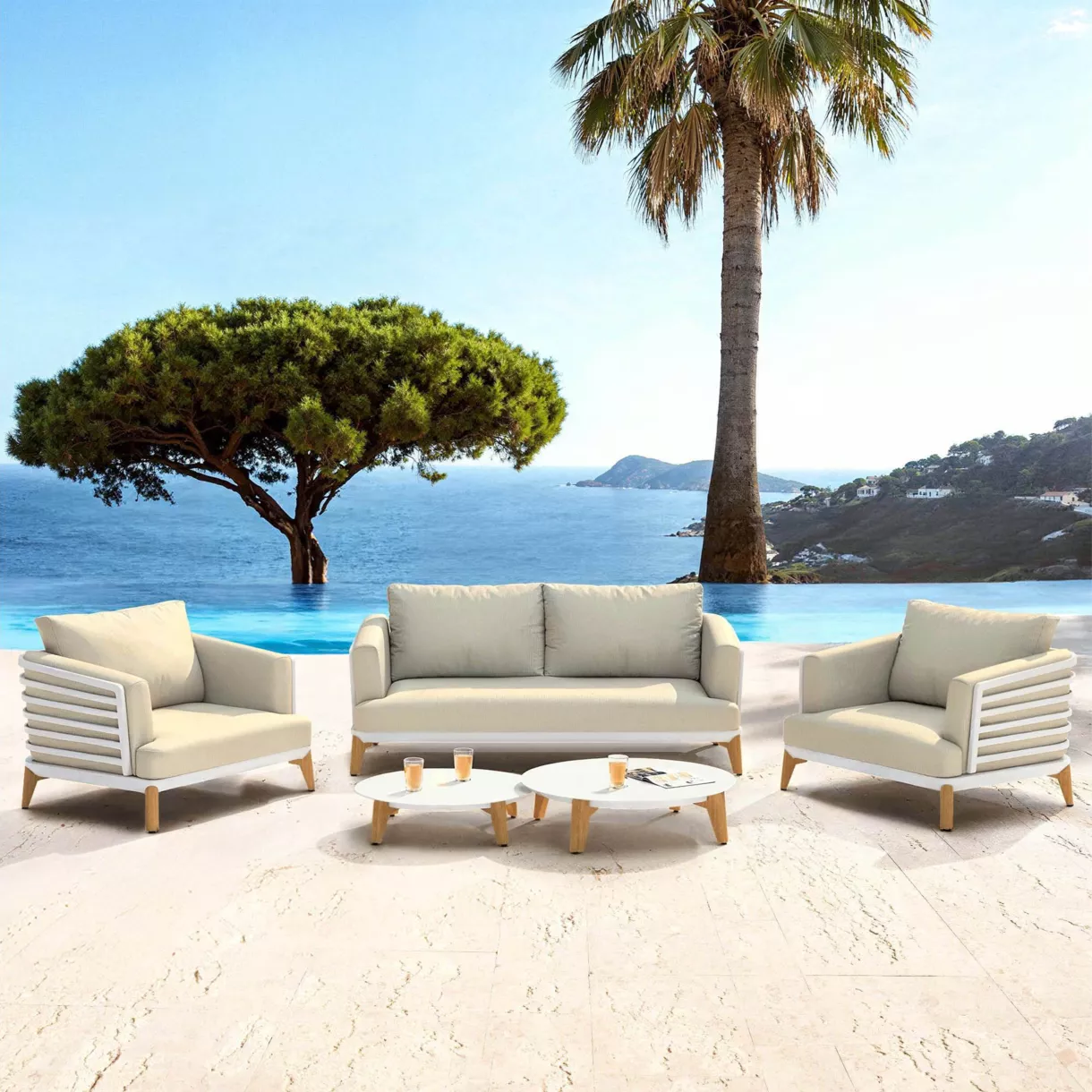 SALON DE JARDIN MONTE-CARLO 4 PLACES STRUCTURE BLANC ET COUSSINS BEIGE