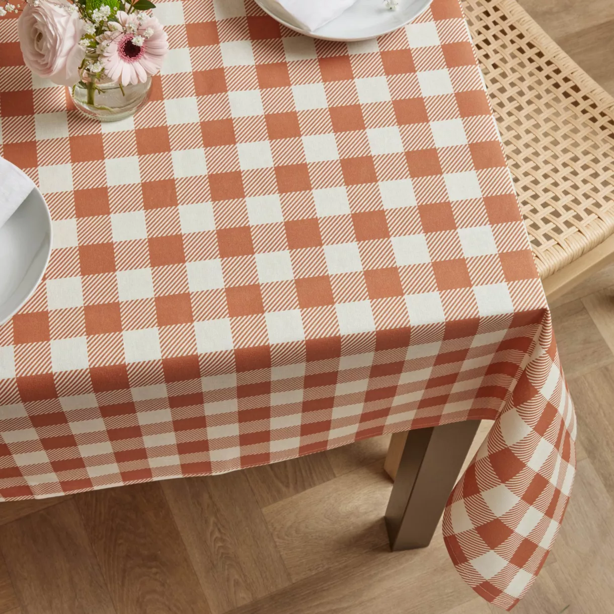 Tischdecke rechteckig Baumwolle beschichtet (150 x 250 cm) Vichy Terrakotta