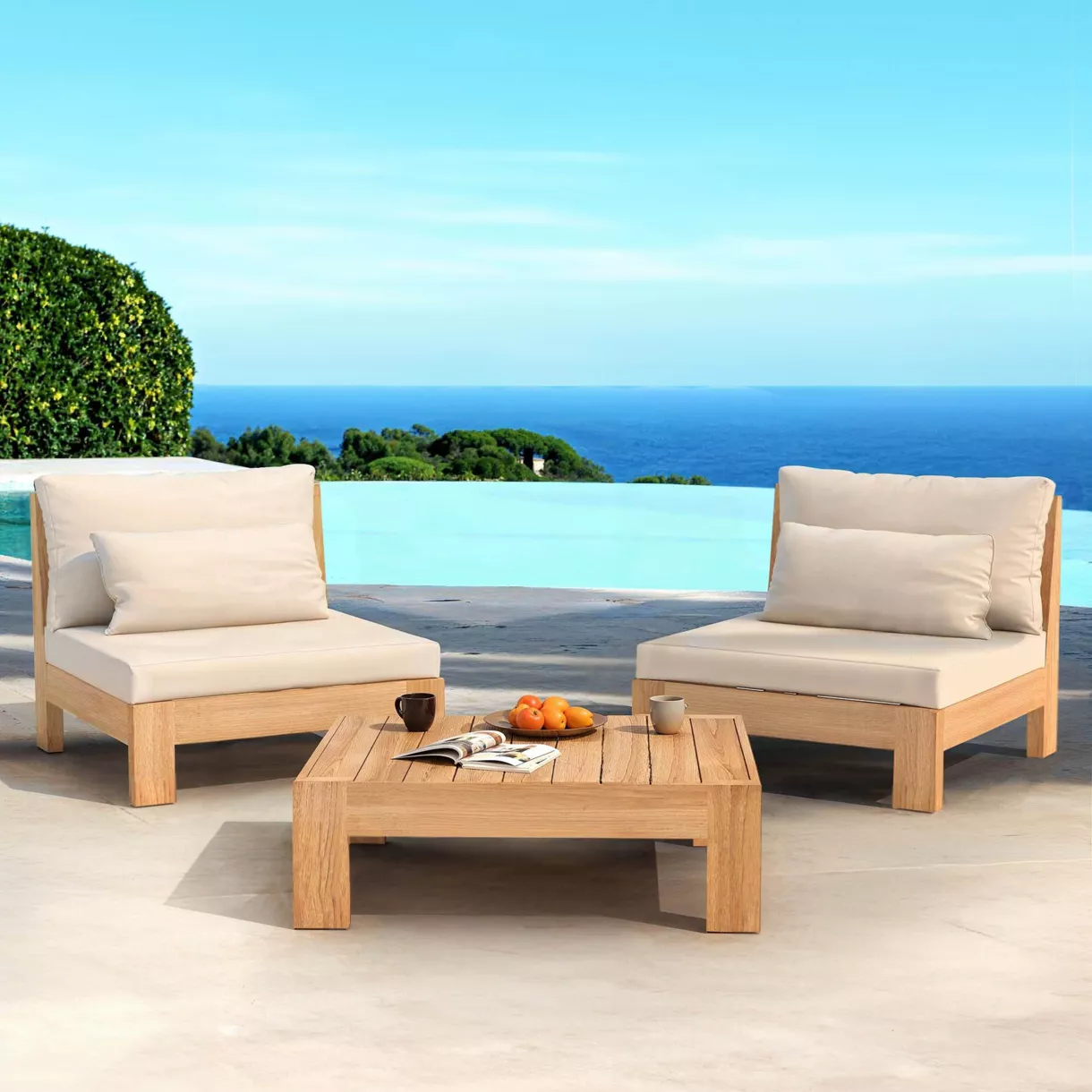 SALON DE JARDIN BORNEO 2 PLACES STRUCTURE EN BOIS ET COUSSINS SABLE